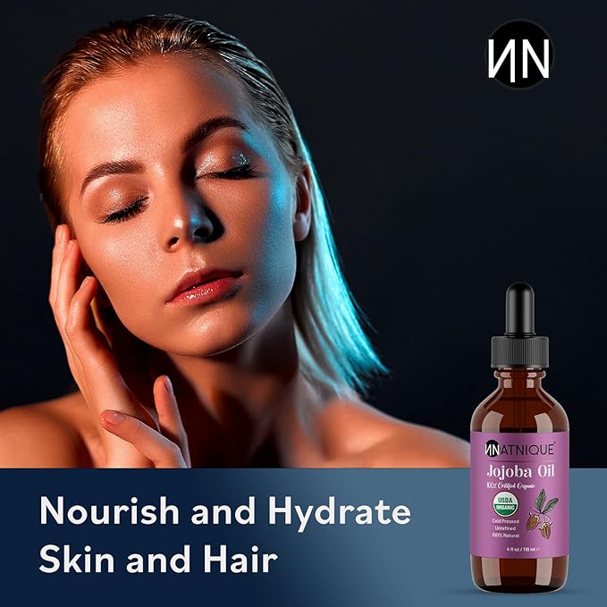 Natnique Organic Jojoba Oil – USDA Certified, Cold Pressed, Unrefined & Hexane-Free – Pure Moisturizer for Hair, Face, Skin, Beard, Scalp, Nails & Cuticles – Natural Care (4 Oz)