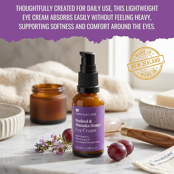 Retinol Manuka Honey Eye Cream with Retinyl Palmitate, Vitamin A, Kiwi Fruit Extract & Coenzyme Q10 | Sweet Almond Oil | Carefully formulated to keep your eyes bright and healthy!
