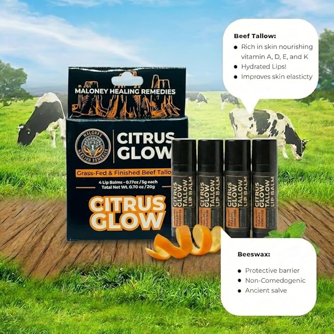 Tallow Lip Balm | 100% Grass-Fed Beef Tallow, Organic Coconut Oil & Beeswax | Natural Lip Care for Dry, Chapped Lips & Dry Lips | No Seed Oils | Citrus Glow | Handcrafted in USA | 4-Pack