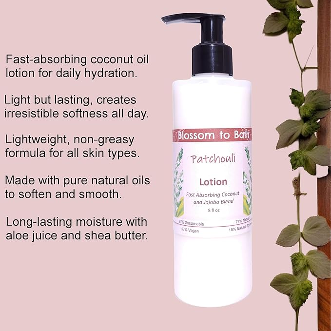 Blossom to Bath Patchouli Lotion (8 Ounce) - Pure Essential Oil Fragrance - Absorbs Quickly with a Woodsy Exotic Scent