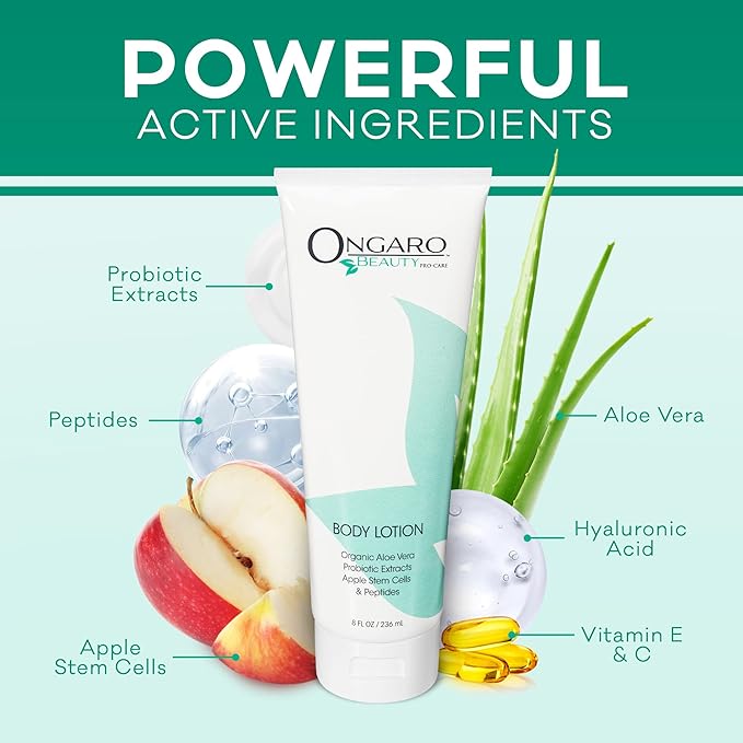 Ongaro Beauty Organic Body Lotion - Body Moisturizer Skin Lotion, Probiotic Lotion w/Aloe Vera, Cocoa Butter, Hyaluronic Acid, Shea Butter & Vitamin E, Lightweight, All Skin Types 8fl oz