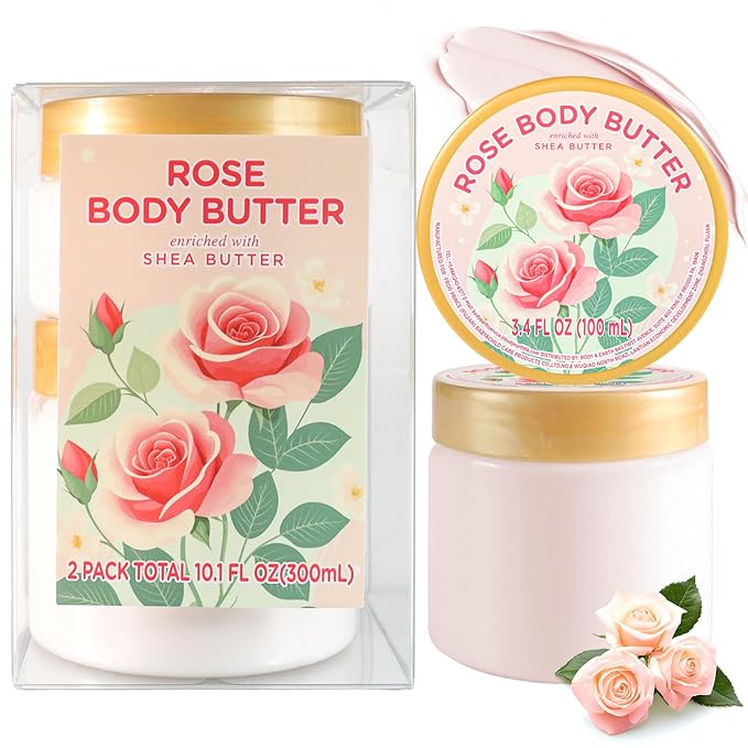 Rose Body Butter, Natural Shea Body Butter for Dry Skin, Womens and Mens Body Care, Body Care for Deep Moisturizing and Hydrating-3.4 floz+6.8 floz