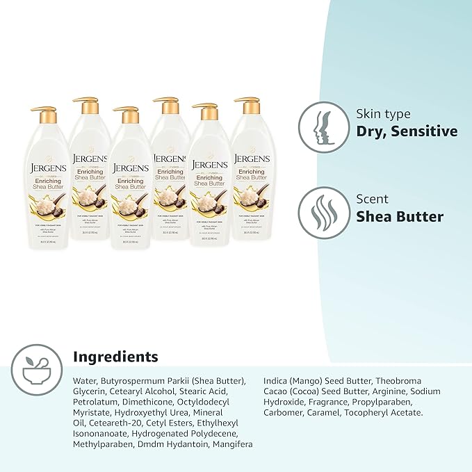 Jergens Shea Butter Deep Conditioning Moisturizer, 3X More Radiant Skin, 26.5 Ounces (Pack of 6), with Pure Shea Butter, Dermatologist Tested (Packaging May Vary)