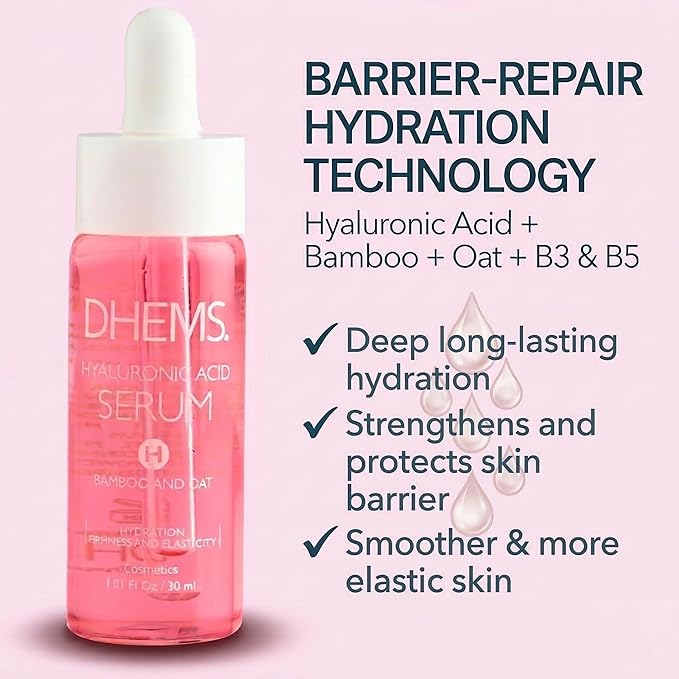 Hyaluronic Acid Serum with Bamboo & Oat, Barrier Repair Hydration Formula with Vitamins B3 & B5 for Firmness, Elasticity & Smoother Skin, 1.01 fl oz
