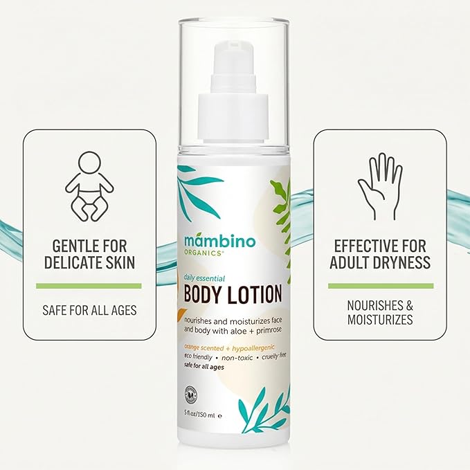 Mambino Organics Daily Essential Face & Body Lotion, Hydrating Body Lotion with Coconut, Aloe & Tamanu Oil, Lightweight Moisturizer for Dry Skin, Vegan, Cruelty-Free Skin Care, 5 fl oz