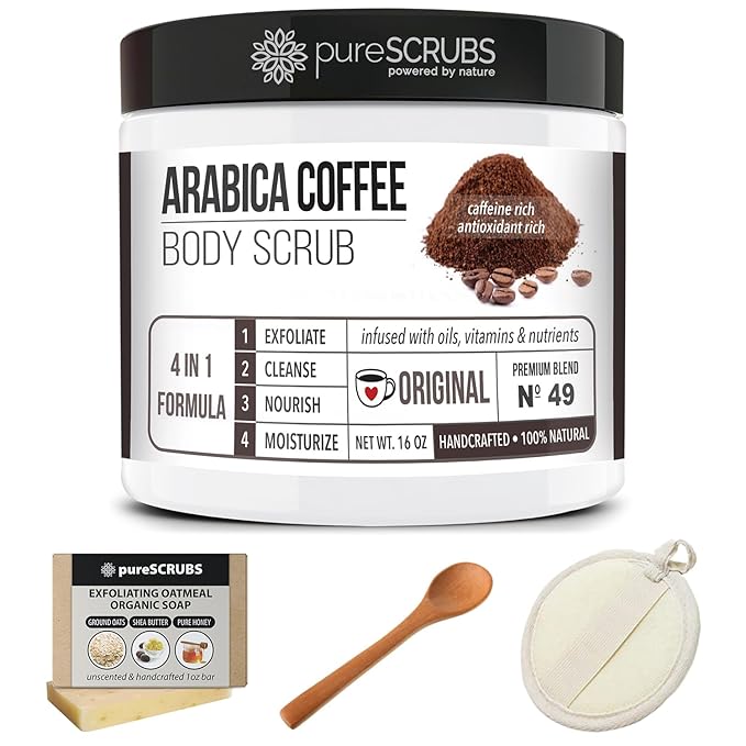 pureSCRUBS Premium Organic Arabica Coffee Body Scrub Set - ORIGINAL BLEND Large 16oz Anti Cellulite Scrub Essential Oils & Nutrients + FREE Wooden Spoon, Loofah & Mini Organic Exfoliating Bar Soap