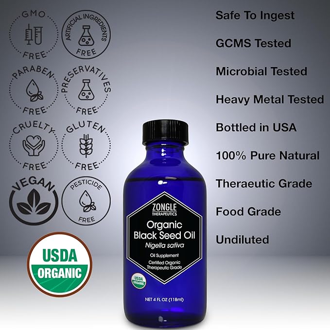 Organic, Black Seed Oil, Cold Pressed, for Hair, Face, Immune Support– 100% Pure, Black Seed Oil, by Zongle Therapeutics, 4 OZ