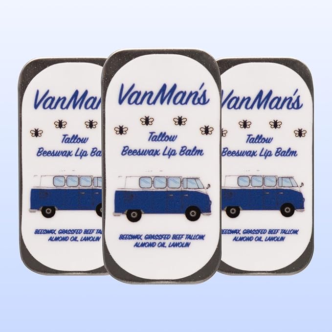 VanMan Beeswax Lip Balm Tine – Organic Tallow Balm with Grass-Fed and Finished Suet Beef Tallow, Sweet Almond Oil, and Lanolin – Hydrating Lip Moisturizer – Unscented – 3 Tin Pack