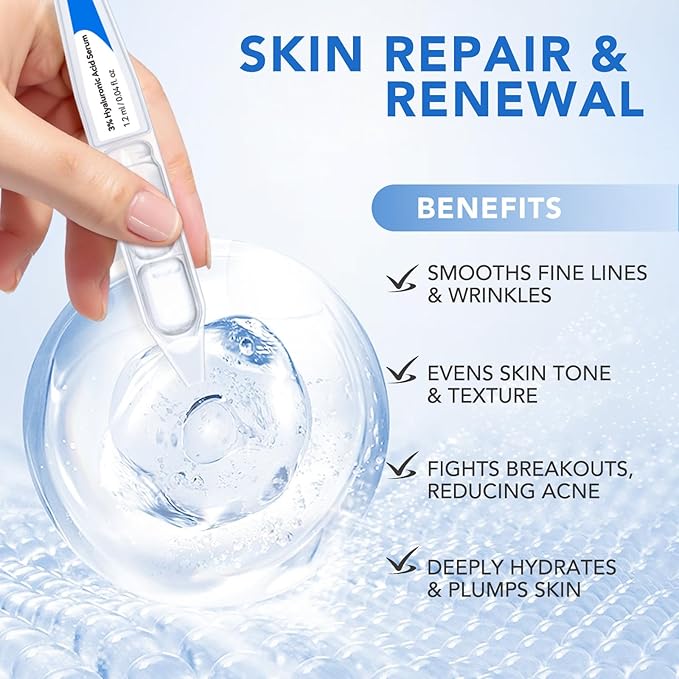 Hyaluronic Acid Serum for Face, 3% Hyaluronic Acid Serum Ultra-Hydrating Vials 30 pcs, Hydration & Moisture Facial Serum for Fine Lines & Wrinkles, Single-Use