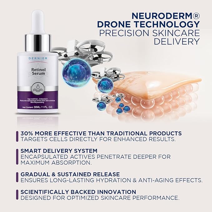 Dernier Retinol 1% Serum for Face - Anti-Aging Skin Care Serum with Hyaluronic Acid 0.5% - Reduces Wrinkles Fine Lines & Signs of Aging Night Moisturizer Ideal for Sensible Skin (1 fl oz)
