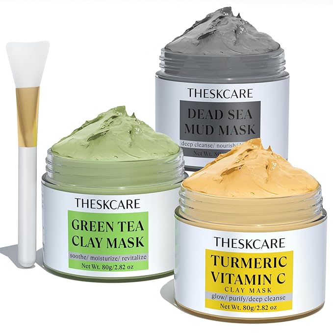 THESKCARE 3 PCS Clay Mask Set, Turmeric Vitamin C Clay Mask, Dead Sea Mud Mask, Green Tea Mask, Facial Mask for Oil Control, Deep Cleaning, and Radiant Skin, 240g, 2.82 OZ each