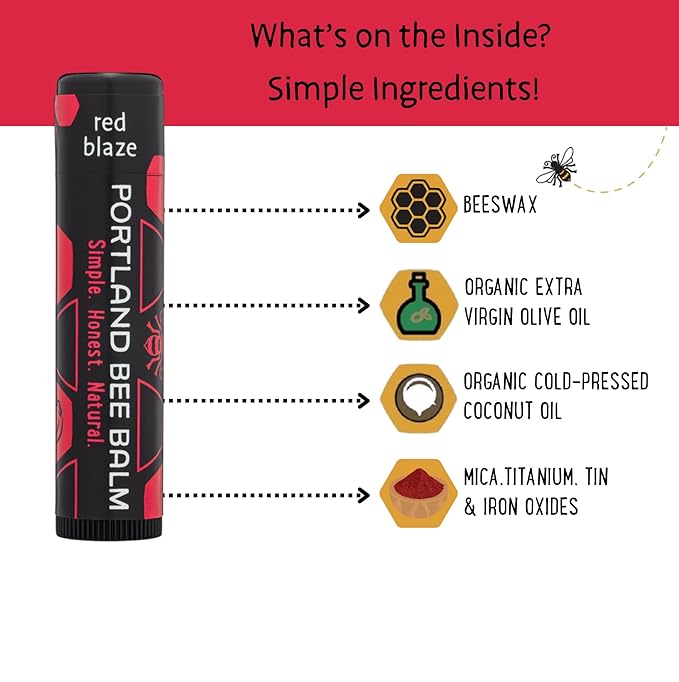 Portland Bee Balm All Natural Handmade Tinted Shimmer Beeswax Based Lip Balm, Red Blaze 1 Count