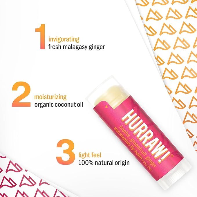 Hurraw! Grapefruit, Ginger, Eucalyptus (Kapha) Lip Balm: Organic, Certified Vegan, Cruelty and Gluten Free. Non-GMO, 100% Natural Ingredients. Bee, Shea, Soy and Palm Free. Made in USA