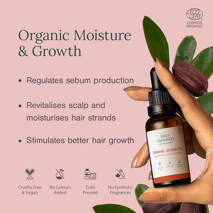 Juicy Chemistry Pure, Cold-Pressed & Organic Carrier Jojoba Oil For Skin, Hair & Nails | Ecocert Organic, Hexane And Gmo Free Carrier Oil For Men & Women | Cruelty-Free & Vegan 30 ml (Pack Of 1)