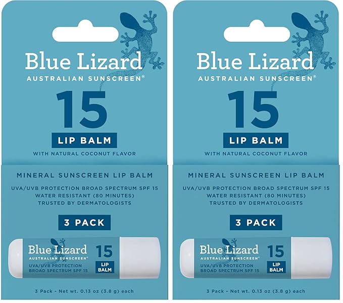 BLUE LIZARD Mineral SPF 15 Lip Balm, 6-Pack: Broad Spectrum Sun Protection, Natural Coconut Flavor, 8 Natural Oils, Infused with Australian Kakadu Plum, Rich in Vitamin C, Vegan, Each Tube 0.13 oz.