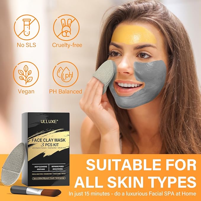 Facial Clay Mask Set - Vitamin C Turmeric Face Mask, Dead Sea Mud & Salicylic Acid (BHA) Mask for Pore Cleansing, Brightening, Blackheads & Dark Spots, Face Masks Skincare Gift for Women, 2.82 oz each