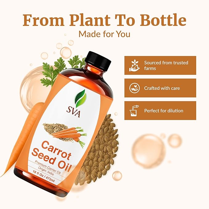 SVA Carrot Seed Oil - 16 Fl Oz – 100% Natural Cold Pressed Carrot Oil - for Face, Skin Care, Hair Care, Scalp Massage & Body Massage – Carrier Oil