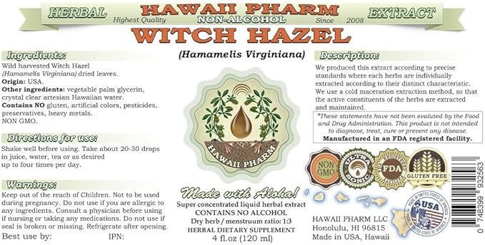 Hawaii Pharm Witch Hazel Alcohol-Free Liquid Extract, Witch Hazel (Hamamelis Virginiana) Dried Leaf Glycerite Natural Herbal Supplement, USA 2x32 fl.oz