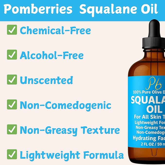 Pomberries Squalane Oil – 100% Plant-Derived, Lightweight & Fast-Absorbing, Squalane Oil for Face, Anti-Aging, Dry Skin, Hair & Body | Non-Greasy, Non-Comedogenic Moisturizer | 2 fl oz