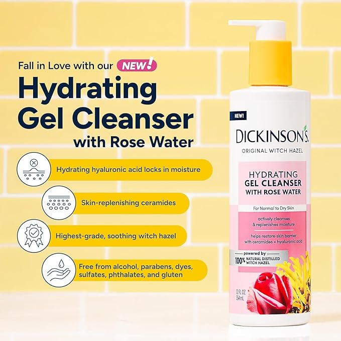 Dickinson's Original Witch Hazel Hydrating Gel Facial Cleanser with Rose Water, 12 Fl Oz, For Normal to Dry Skin, Hydrates and Nourishes Skin, Helps Calm Redness, Alcohol-Free Face Wash