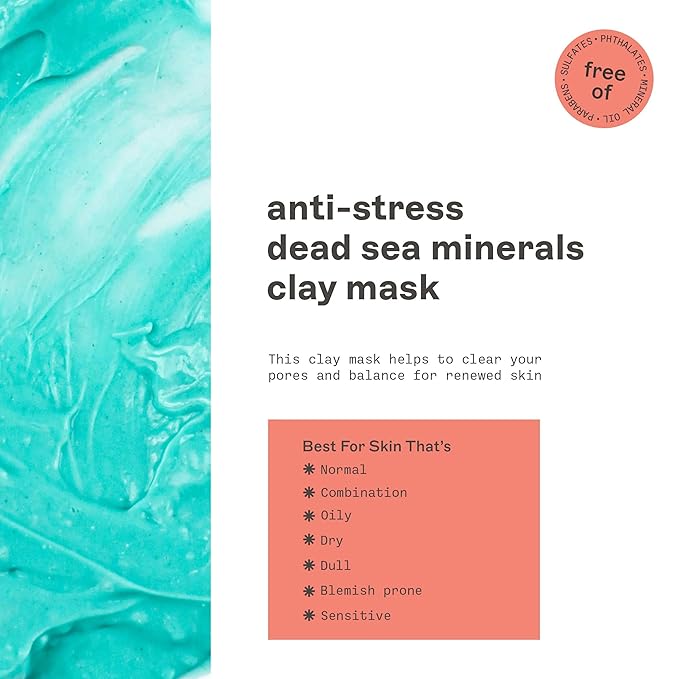 Freeman Anti-Stress Clay Mask, Dead Sea Mineral Face Mask, Lavender & Sea Salt Balance & Calm Skin, Unclog Pores, Facial Mask For All Skin Types, No Harsh Chemicals, 6 fl. oz./175 ml Tube, 1 Count