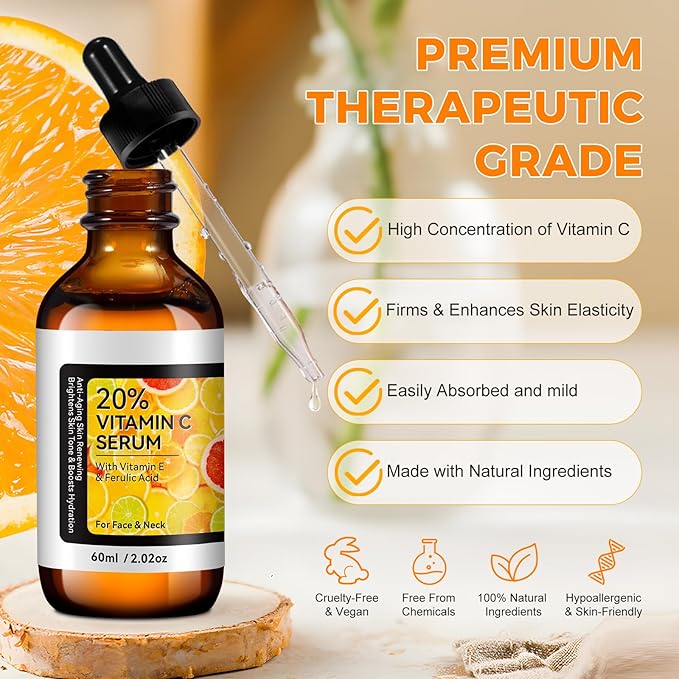 Vitamin C Serum, Pure 12% Super Vit C Serum Vitamin E & Ferulic Acid for Improving Appearance-Dark Spots, Face Moisturizer-Renewing Skin Care,2.02Fl Oz