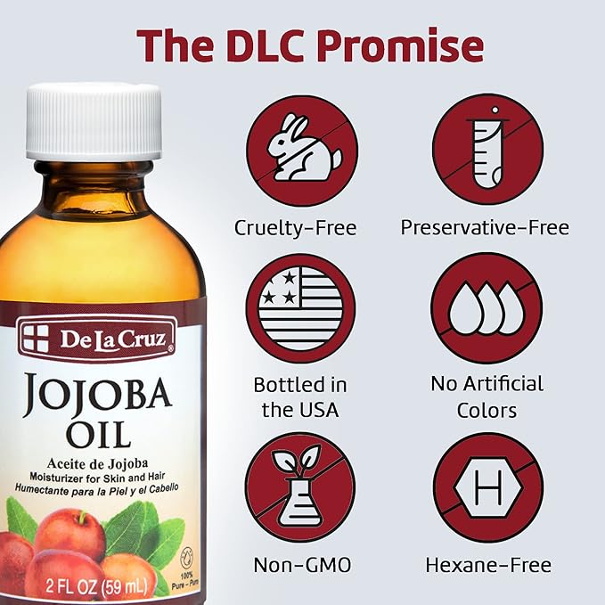 De La Cruz 100% Pure Cold-Pressed Golden Jojoba Oil - Organic Jojoba Oil for Hair and Skin - 2 FL OZ - 59 mL (2 Bottles)