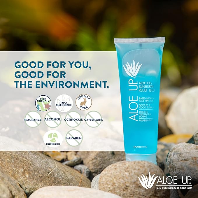 ALOE UP Aloe Vera Gel for Sunburn Relief – Cooling After Sun Jelly for Face & Body – 96.6% Pure Gel – Reef Friendly, Water Resistant for up to 80 Minutes, Alcohol & Fragrance Free – 4 Oz