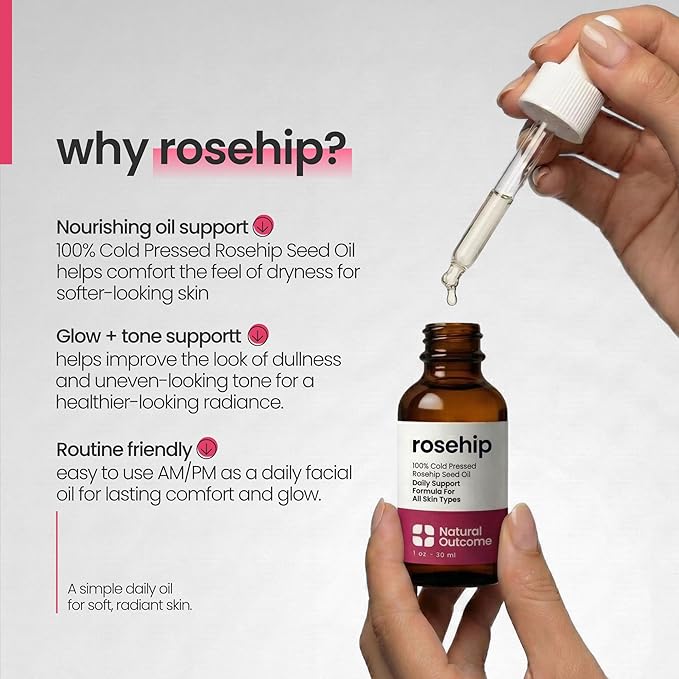 natural outcome Rosehip Oil 100% Pure Cold-Pressed Rosehip Seed Face Oil - Anti-Aging Facial Oil to Plump, Balance & Hydrate 1 oz