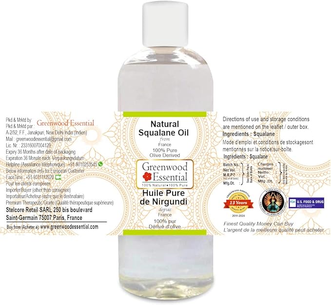 Greenwood Essential Pure Natural Squalane Oil (derived from Olives) Natural Therapeutic Grade for Hair, Skin & Aromatherapy 200ml (6.76 oz)
