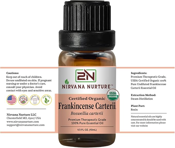 Frankincense Carterii Essential Oil, USDA Certified Organic, 100% Pure Undiluted, Aromatherapy Oil for Diffuser, Hair & Skin Care