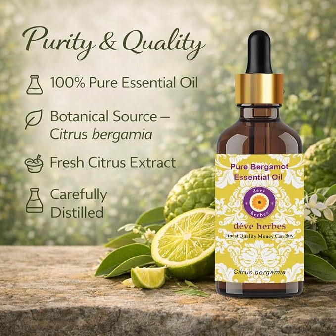 Deve Herbes Pure Bergamot Essential Oil (Citrus bergamia) with Glass Dropper Natural Therapeutic Grade Steam Distilled 10ml (0.33 oz)