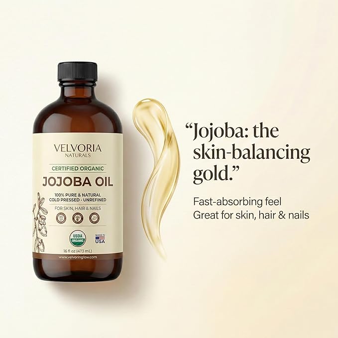 Organic Jojoba Oil - 100% Pure, Cold Pressed, Unrefined Non-GMO for Skin, Hair & Nails 16oz - Glass bottle with pump
