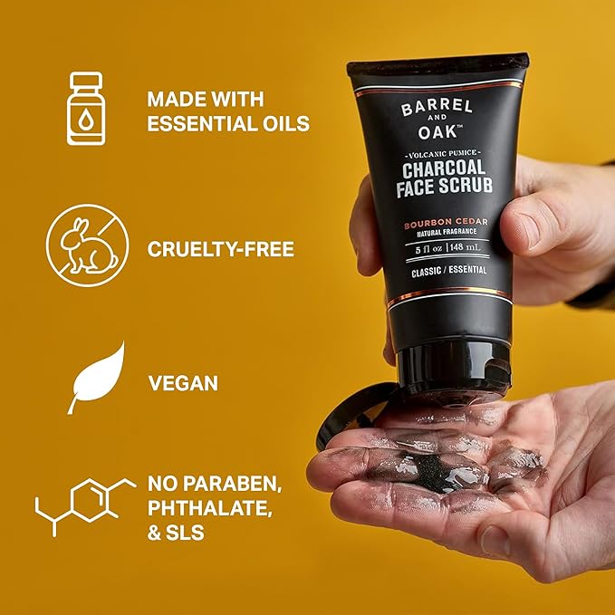 Barrel and Oak Volcanic Pumice & Charcoal Face Scrub for Men, Deep Exfoliating Face Scrub for Dead Skin & Clogged Pores, Promotes Healthy Beard Growth, Vegan, Bourbon Cedar, 5 oz
