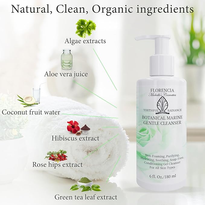 Florencia Botanical Marine Gentle Cleanser – Hydrating Non-Foaming Face Wash with Marine Algae & Aloe Vera, Gentle Purifying Facial Cleanser for Dry, Normal & Sensitive Skin, 6 Fl Oz