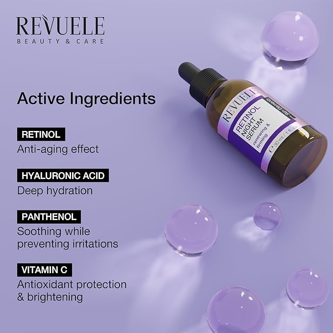 REVUELE Retinol Night Serum, Lightweight Face Serum with Retinol, Hyaluronic Acid & Panthenol 1 fl.oz