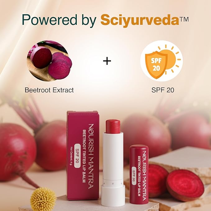NOURISH MANTRA Beetroot Tinted Lip Balm with SPF 20 | Lip Balm for Chapped & Dry Lips | Enriched with Almond Oil, Shea Butter & Beetroot | Suits All Skin Types | For Men & Women | 4gm