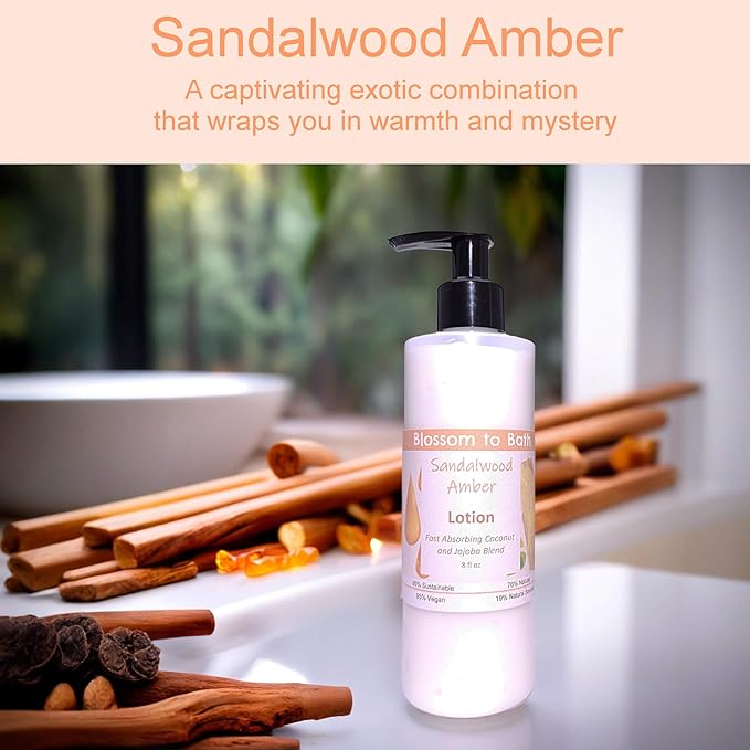 Blossom to Bath Sandalwood Amber Lotion (8 Ounce) - Phthalate Free Fragrance - Absorbs Quickly with a Woodsy Warm Scent