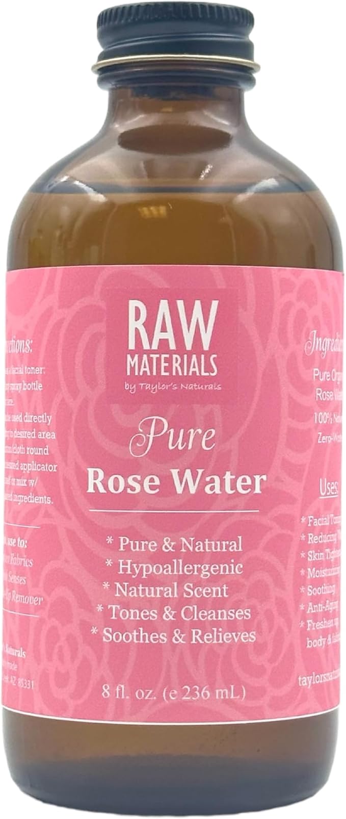 RAW MATERIALS Rose Water - Pure Organic Hydrosol Rose Water Mist Hydrating Facial Toner - Face, Body, Hair - Vegan Beauty Skincare - Various Sizes in Glass Bottles (8oz)