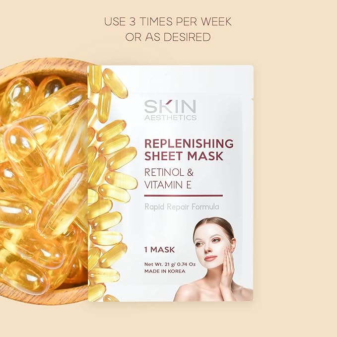 Skin Aesthetics Retinol & Vitamin E Sheet Face Mask - Repairs Skin, Diminishes Fine Lines & Wrinkles, Anti-Aging - Dermatologist Tested Korean Skincare - Clean Beauty, Cruelty-Free - 5 Masks