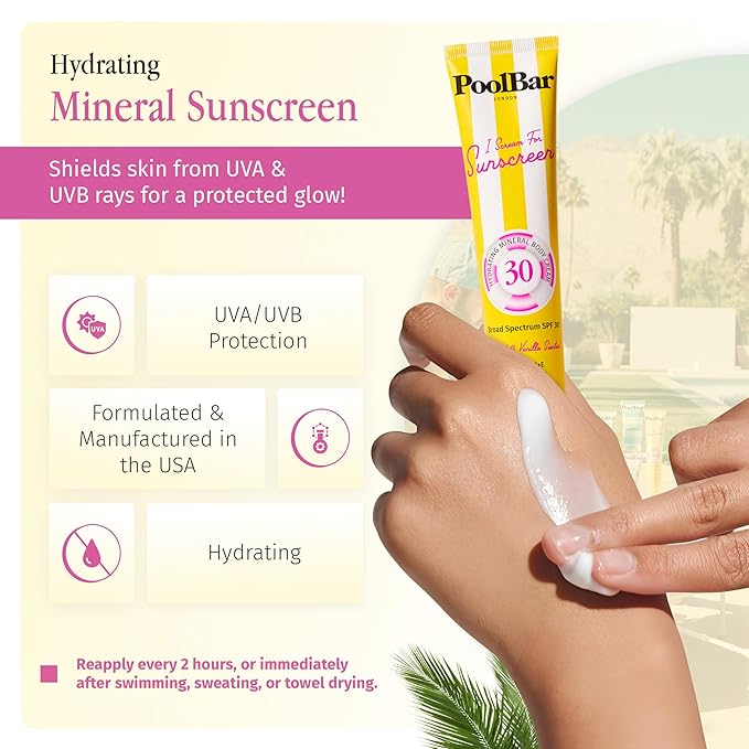 PoolBar SPF 30 Hydrating Mineral Body Sunscreen Cream for Women and Men Skin Care - Coconut Vanilla Scent Sun Care, Vegan and Water Resistant, Broad Spectrum Sunscreen, 140 ml (4.7 Fl. Oz)
