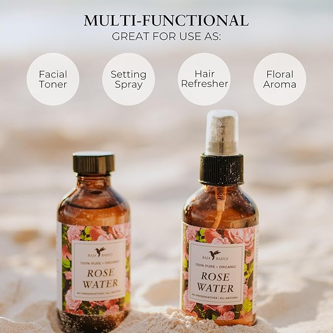 Rose Water Spray for Face by Baja Basics - Pure, Organic Rosewater Facial Toner for Hair and Aromatherapy Large 4 oz