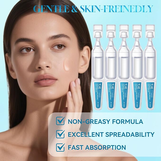 Vitamin C Hyaluronic Acid Serum for Face, Hydrating Facial Serum with 30 Single Use Vials, Lightweight Fast Absorbing Moisture Care for Dry Skin, Pre Makeup Skincare