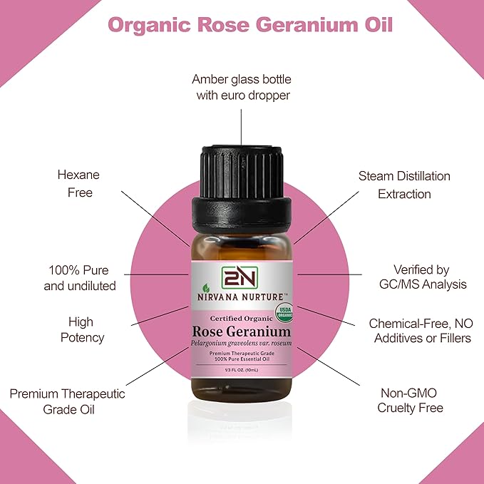 Rose Geranium Essential Oil, USDA Certified Organic, 100% Pure Undiluted, Aromatherapy Oil for Diffuser, Hair & Skin Care