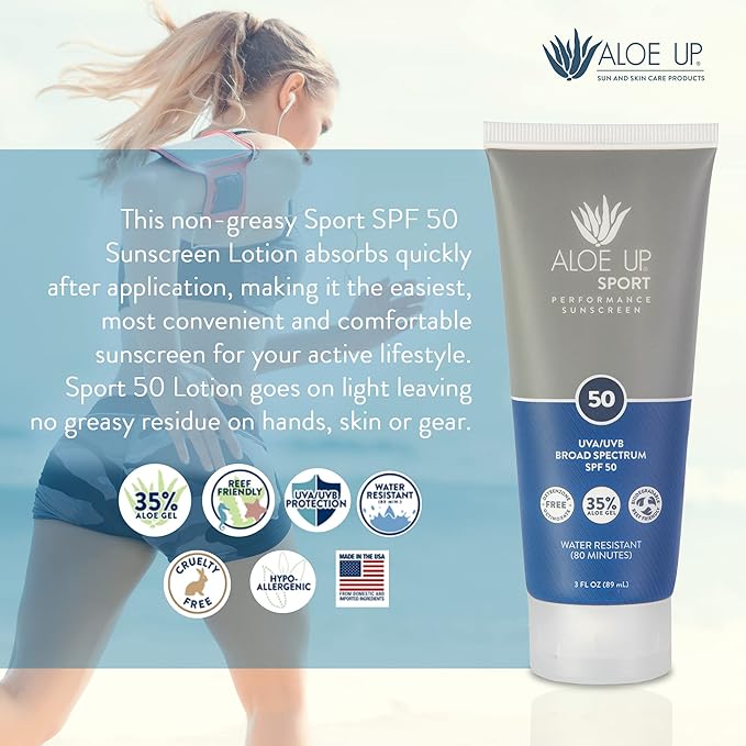 Aloe Up Sport Sunscreen Body Lotion SPF 50 – Broad Spectrum Sunblock With Aloe Vera Gel – Non-Greasy,Skin Sun Protection,No White Cast – Reef Friendly – Water Resistant 80 Minutes–Fragrance-Free–3 Oz