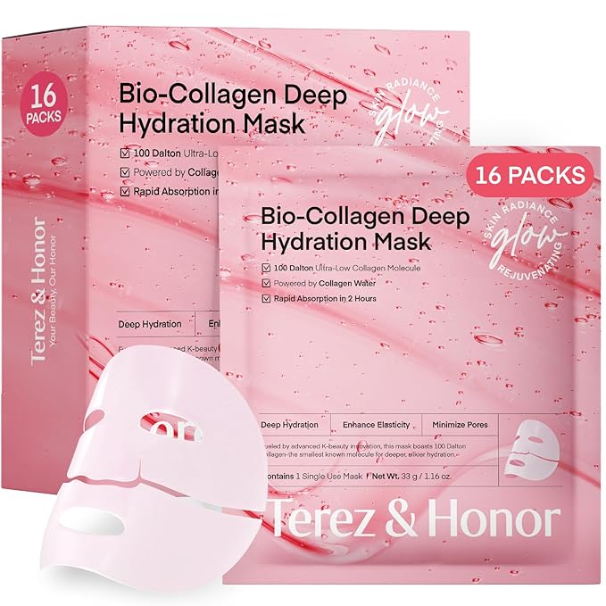 TEREZ & HONOR Korean Real Deep Bio Collagen Face Mask - 16 ea x 33g 100 Dalton Ultra Low Marine Collagen Overnight Hydrogel Masks for Glow Skin, Hydration, Pore, Elasticity, Firming, Unscented