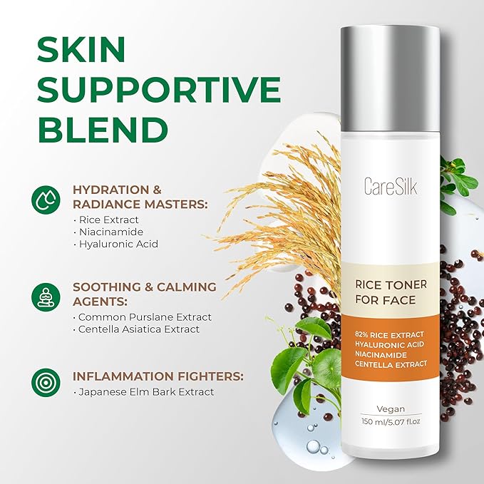 Rice Toner for Face, 82% Rice Extract with Hyalyronic Acid, Niacinamide and Centella Extract - Hydrating for Dry, Dull, Combination Skin, Vegan, Fragrance Free, Glass Skin