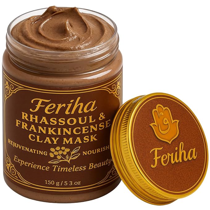 FERIHA Moroccan Rhassoul Clay Mud Mask with Argan Oil & Frankincense | 100% Natural Purifying Mineral Face Mask for Deep Cleansing, Pore Refining & Skin Rejuvenation