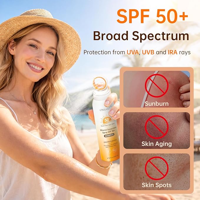 Mineral Sunscreen Spray SPF 50+ with Zinc Oxide, Reef Safe, Broad Spectrum UVA/UVB Protection for Face & Body, Water Resistant 80 Min, Non-Greasy 360° Ring Spray, 6.76 fl oz