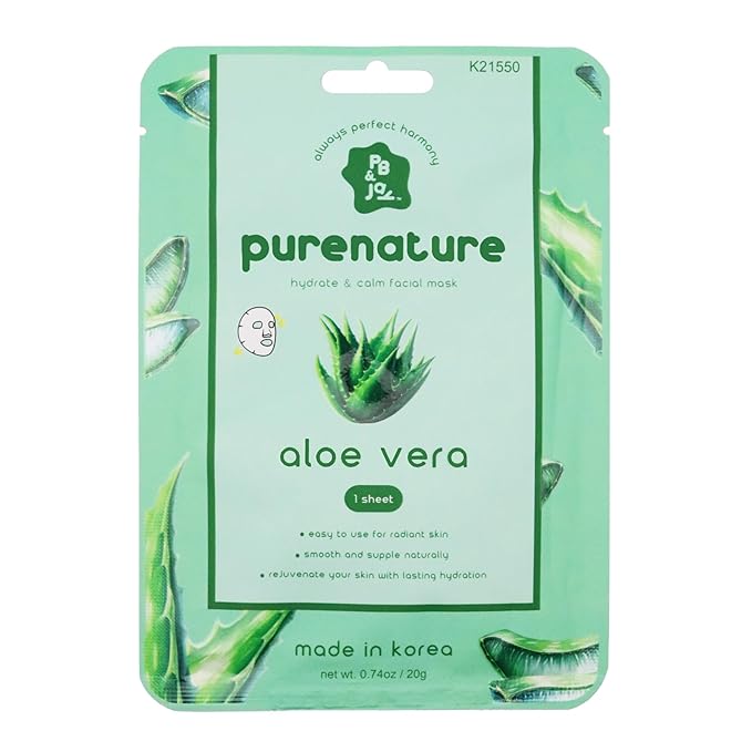 PB & JAY Purenature Facial Mask – Premium Quality Korean Sheet Mask for Sensitive Skin – Korean Collagen Essence Calming Facemask Sheet (Aloe Vera)
